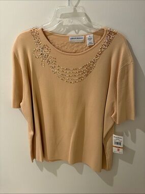 Alfred Dunner Peach Short-Sleeve Top with Beaded Necklace Detail